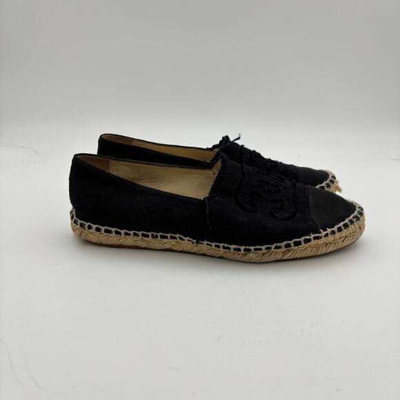 Chanel CC Logo Canvas Black Cap Toe Espadrilles Slip Ons Women's 40 - Picture 3 of 14